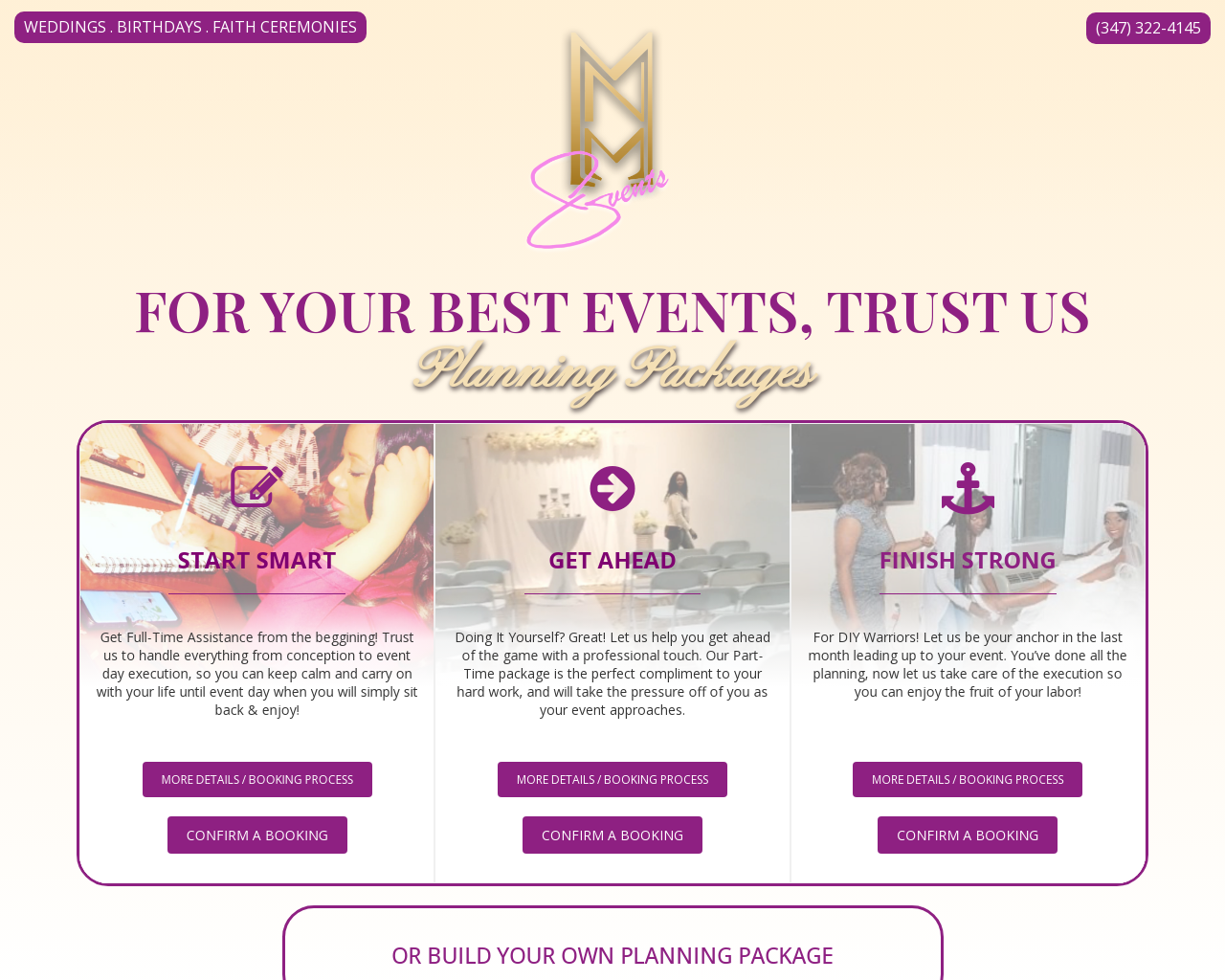 Desktop view of the event planner’s website designed and developed by urbane strategies.