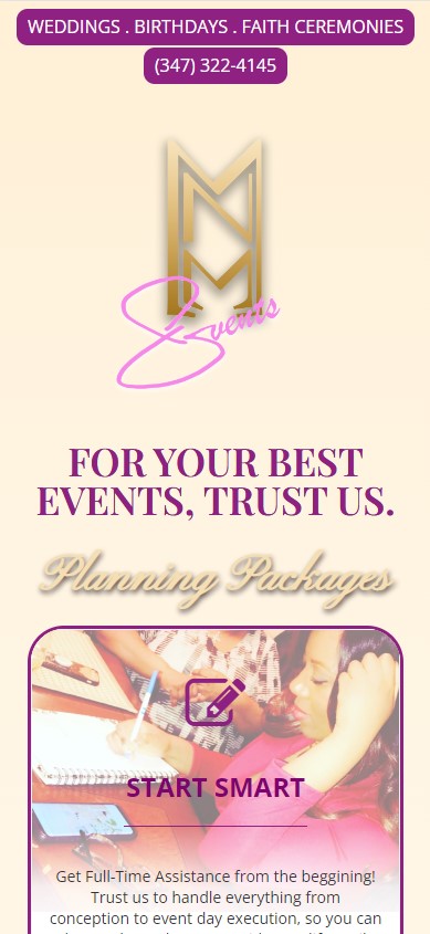 Mobile view of the event planner’s website designed and developed by urbane strategies.